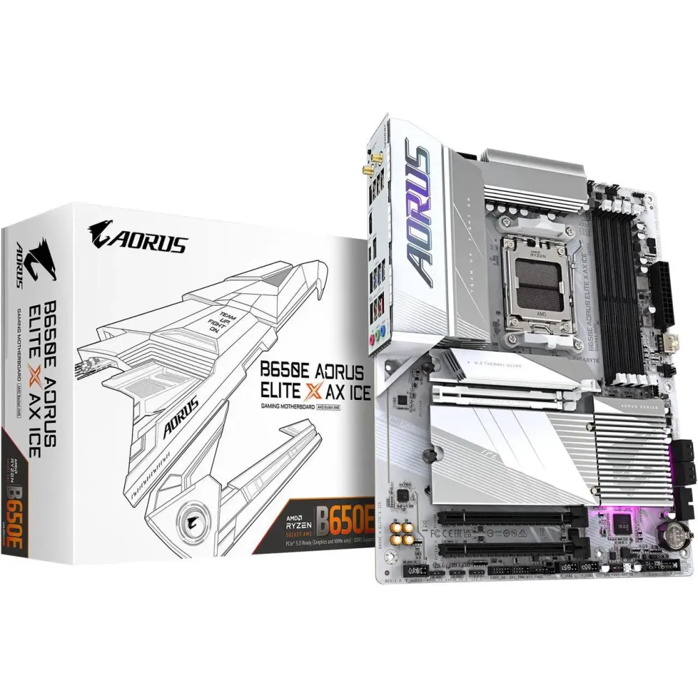GIGABYTE B650E AORUS ELITE X AX ICE AM5 LGA 1718 AMD B650 ATX Motherboard with 5-Year Warranty, DDR5, 3x M.2, PCIe 5.0, USB 3.2 Gen2X2 Type-C, WiFi 6E, 2.5GbE LAN, Q-Flash Plus, EZ-Latch Plus