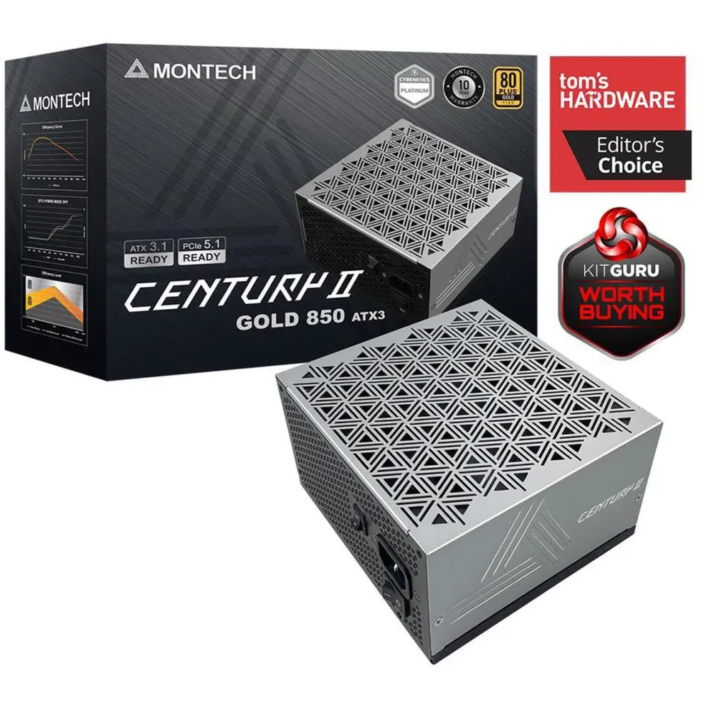 MONTECH CENTURY II - 850W High-End ATX Gaming Power Supply - 80 Plus Gold & Cybenetics Platinum - Fully Modular - ATX 3.1 & PCIe 5.1 Ready with 12V-2x6 Cable - 10 Years Warranty