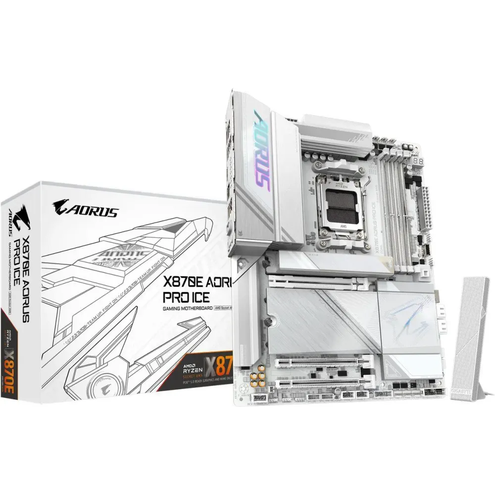 GIGABYTE X870E AORUS PRO ICE AM5 LGA 1718, ATX, DDR5, 4x M.2, PCIe 5.0, USB4, Wi-Fi 7, 2.5GbE LAN, EZ-Latch, 5-Year Warranty
