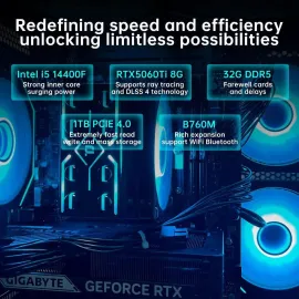 AOACE Gaming PC Desktop INTEL Core i5 14400F, NVIDIA RTX 5060Ti 8G DLSS 4 , 32GB DDR5 RAM 6400MHz,1TB NVMe PCIe4.0, Wi-Fi6E, Game Design Office console,Sea View Room Windows 11