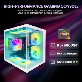 Suevery Gaming PC, AMD Ryzen 5 5600GT, Vega 7 Graphics, 16GB RAM, 512GB SSD, Wi-Fi 6, Windows 11 Home, Compact Desktop-White