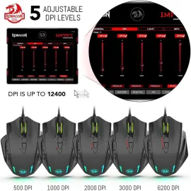 Redragon M908 Impact RGB Gaming Mouse, 12400 DPI Wired Laser MMO Mouse with High Precision Actuation, 12 Macro Side Buttons and 16.8 Million Customized Breathing Backlight for PC/Laptop