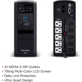 CyberPower CP850PFCLCD PFC Sinewave UPS Systems - 850VA/510W, 120 VAC, NEMA 5-15P, Mini-Tower, Sine Wave, 10 Outlets, LCD, PowerPanel
