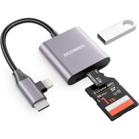 Duomigo 3-in-2 USB C SD TF Card Reader for iPhone/iPad/Mac/Laptop, Dual Connector Memory Card Adapter with USB OTG, Plug and Play