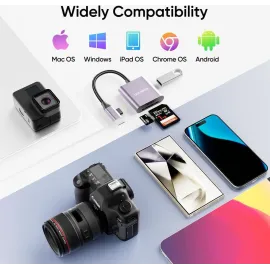 Duomigo 3-in-2 USB C SD TF Card Reader for iPhone/iPad/Mac/Laptop, Dual Connector Memory Card Adapter with USB OTG, Plug and Play