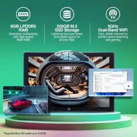 Fusion5 10.1" Windows 11 Tablet PC - Intel 13th Gen - 8GB RAM, 256GB SSD Storage, Quad-Core CPU, 10 Inch Full HD Display, USB 3.0, Micro HDMI, Expandable Storage, HD Webcam