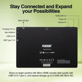 Fusion5 10.1" Windows 11 Tablet PC - Intel 13th Gen - 8GB RAM, 256GB SSD Storage, Quad-Core CPU, 10 Inch Full HD Display, USB 3.0, Micro HDMI, Expandable Storage, HD Webcam