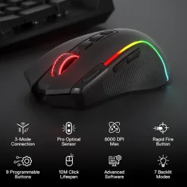 Redragon M612 PRO RGB Gaming Mouse, 8000 DPI BT Wired/Wireless Optical Gamer Mouse 9 Programmable Buttons & 7 Backlit Modes,Software Supports DIY Keybinds Rapid Fire Button,Black