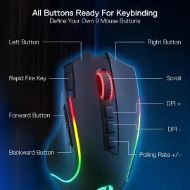 Redragon M612 PRO RGB Gaming Mouse, 8000 DPI BT Wired/Wireless Optical Gamer Mouse 9 Programmable Buttons & 7 Backlit Modes,Software Supports DIY Keybinds Rapid Fire Button,Black