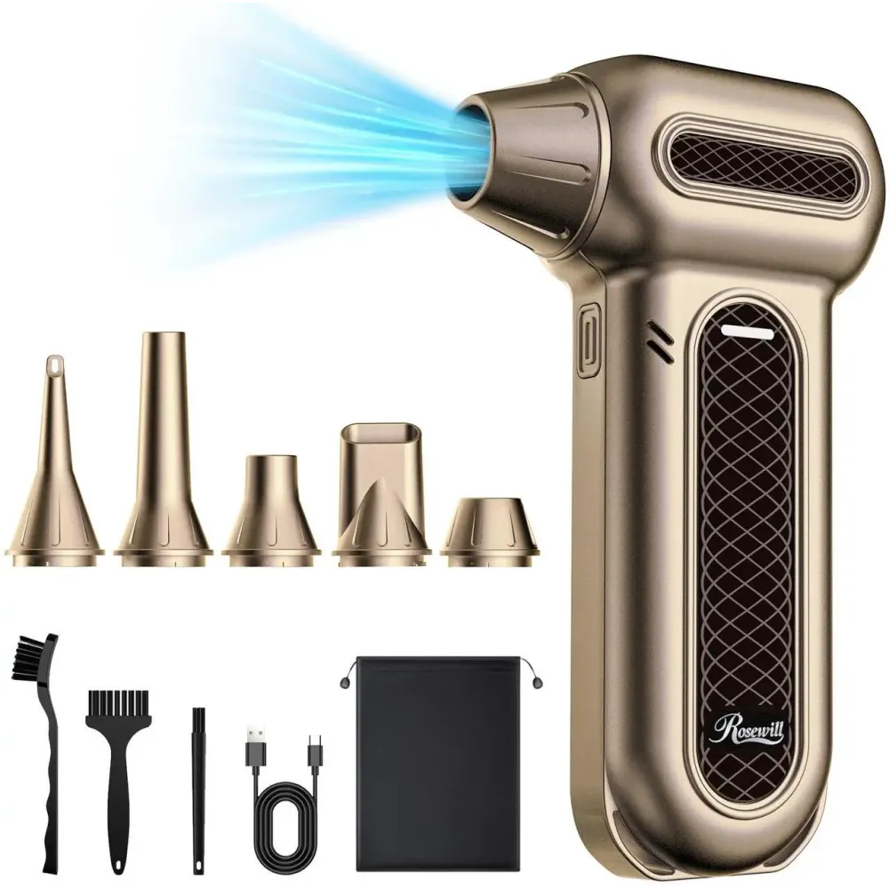 Rosewill Electric Air Duster - 130,000 RPM Super Power Cordless Compressed with Turbo Mode, 4-Gear Adjustable Mini Blower with Fast Charging, Inflation and Suction, Dust Blower for Computer, Keyboard