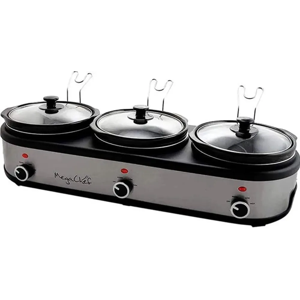 MegaChef MC-1203-W Silver Triple 2.5 Quart Slow Cooker and Server with Cooking Pots
