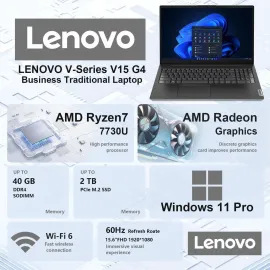Lenovo V15 Business Laptop, 15.6" FHD, AMD Ryzen 7 7730U, 40GB RAM, 2TB SSD, Wi-Fi 6, HDMI, Type-C, Webcam, Windows 11 Pro, Black
