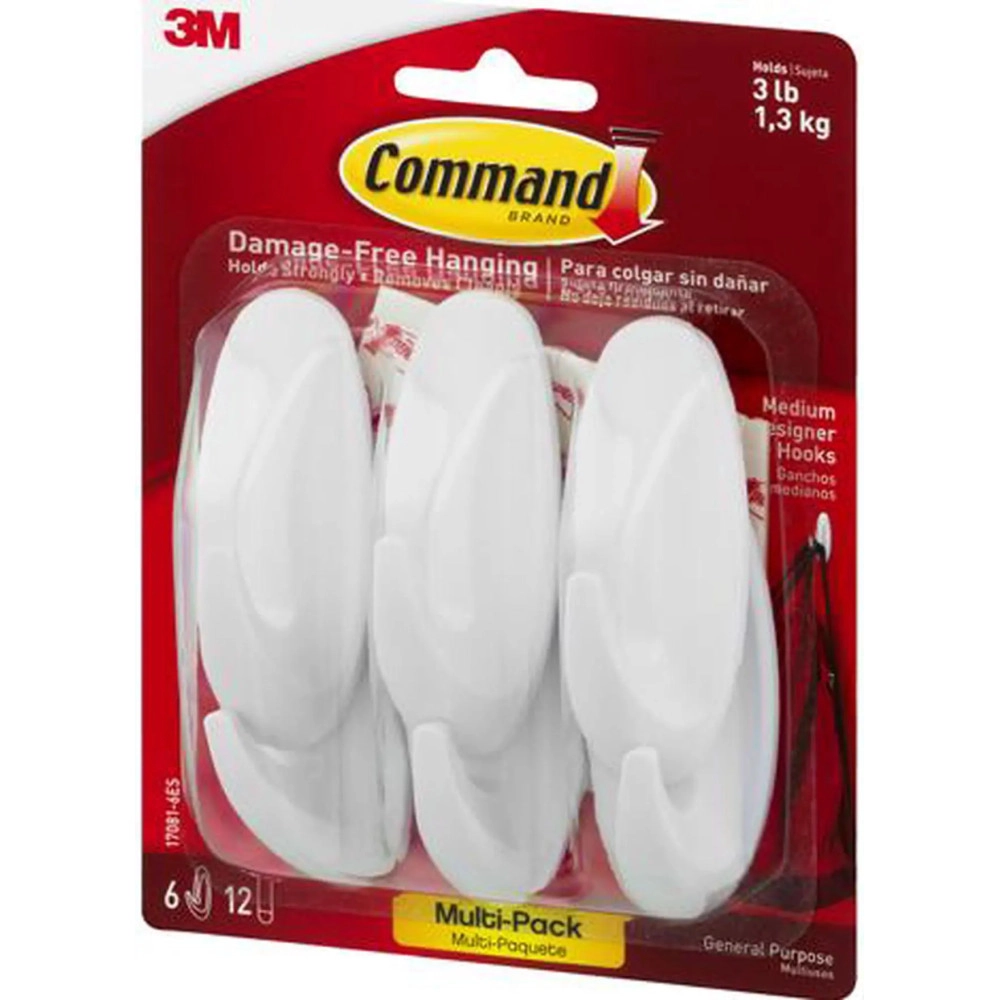 3M Command 170816ES Designer Hooks, Plastic, White, 3 lb Cap, 6 Hooks and 12 Strips/Pack