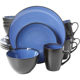 Gibson Soho Lounge Round 16 Piece Dinnerware Set, Blue/Black