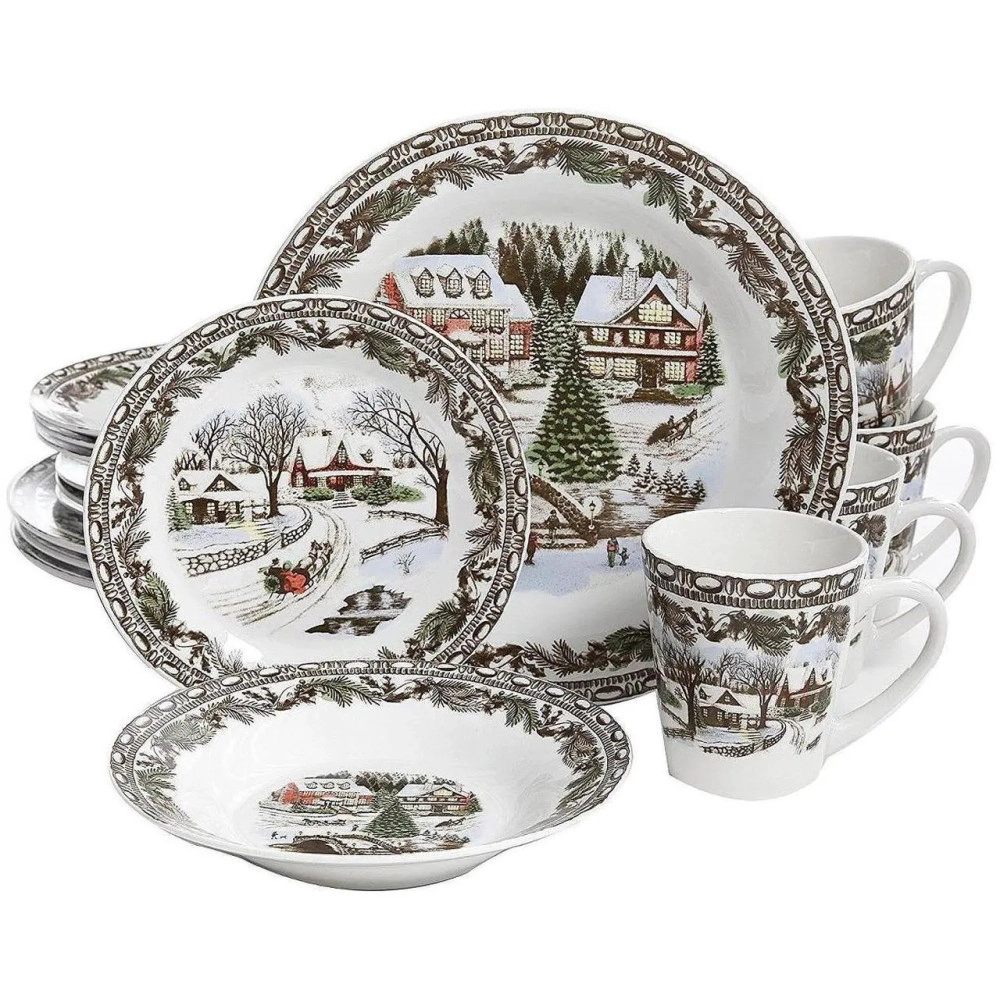GIBSON 16-Piece Christmas Toile Dinnerware Set