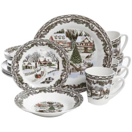 GIBSON 16-Piece Christmas Toile Dinnerware Set