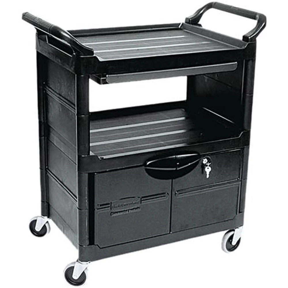 Rubbermaid Commercial 345700BLA Utility Cart w/Locking Doors, 2-Shelf, 33-5/8w x 18-5/8d x 37-3/4h, Black