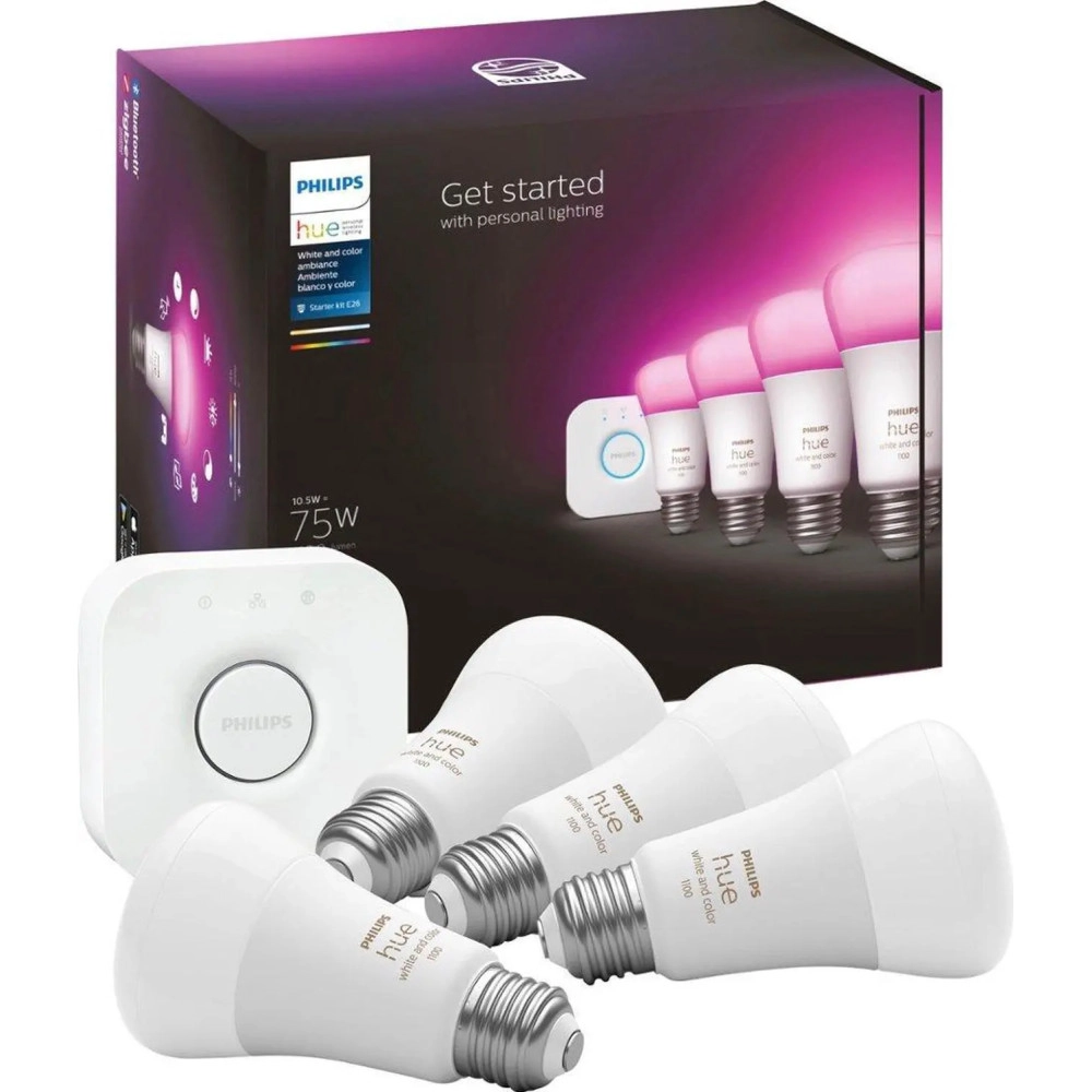 Philips Hue A19 LED Color Smart Bulb Starter Kit (75W 2021 Version), Compatible with Alexa, Apple HomeKit & Google Assistant, White and Color Ambiance (16 Million Colors), 4 Bulbs