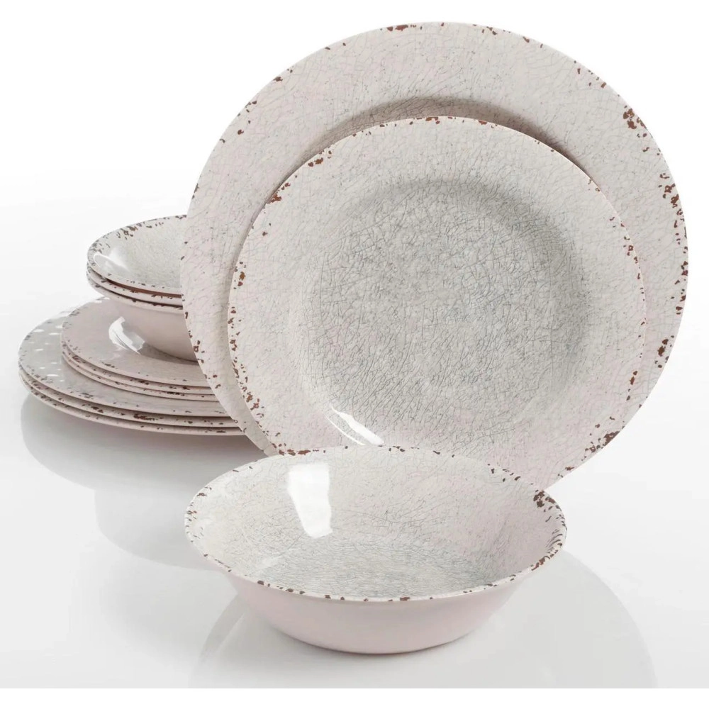 Gibson 114334.12 Muana Melamine Crackle 12 Piece Dinnerware Set Ice