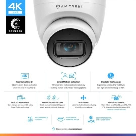 Amcrest UltraHD 4K (8MP) Outdoor Security IP Turret PoE Camera, 3840x2160, 98ft NightVision, 125° FOV, IP67 Weatherproof, MicroSD Recording (256GB), IP8M-T2599EW-AI-V3 (White)