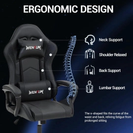 Fantasylab Ergonomic Gaming Chair Racing Style Office Chair, Computer Desk Chair, Swivel Reclining PU Leather PC Gamer Chair, Black
