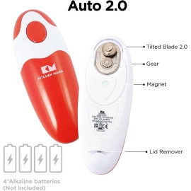 Kitchen Mama Electric Can Opener 2.0: Upgraded Blade Opens Any Can Shape - No Sharp Edge, Food-Safe, Handy with Lid Lift, Battery Operated Handheld Can Opener (Red V2)