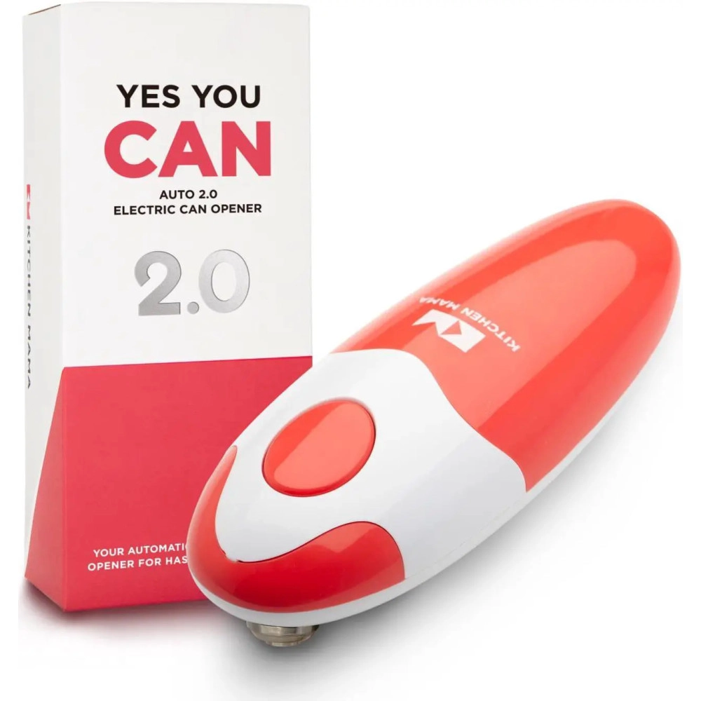 Kitchen Mama Electric Can Opener 2.0: Upgraded Blade Opens Any Can Shape - No Sharp Edge, Food-Safe, Handy with Lid Lift, Battery Operated Handheld Can Opener (Red V2)