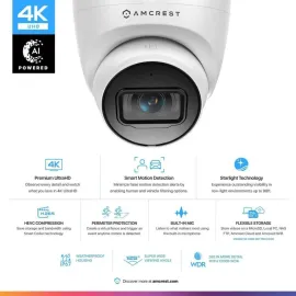 Amcrest UltraHD 4K (8MP) Outdoor Security IP Turret PoE Camera, 3840x2160, 98ft NightVision, 125° FOV, IP67 Weatherproof, MicroSD Recording (256GB), IP8M-T2599EW-AI-V3 (White)