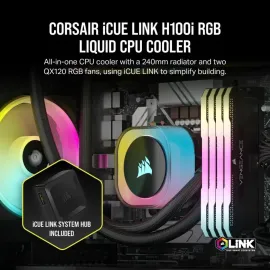 CORSAIR iCUE Link H100i RGB Liquid CPU Cooler - 240mm AIO - QX120 RGB Fans - Fits Intel LGA 1851, AMD AM5 - iCUE Link System Hub Included - Black