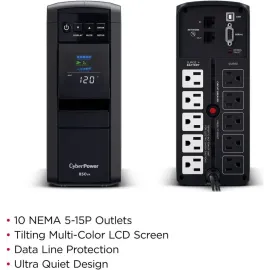 CyberPower CP850PFCLCD PFC Sinewave UPS Systems - 850VA/510W, 120 VAC, NEMA 5-15P, Mini-Tower, Sine Wave, 10 Outlets, LCD, PowerPanel
