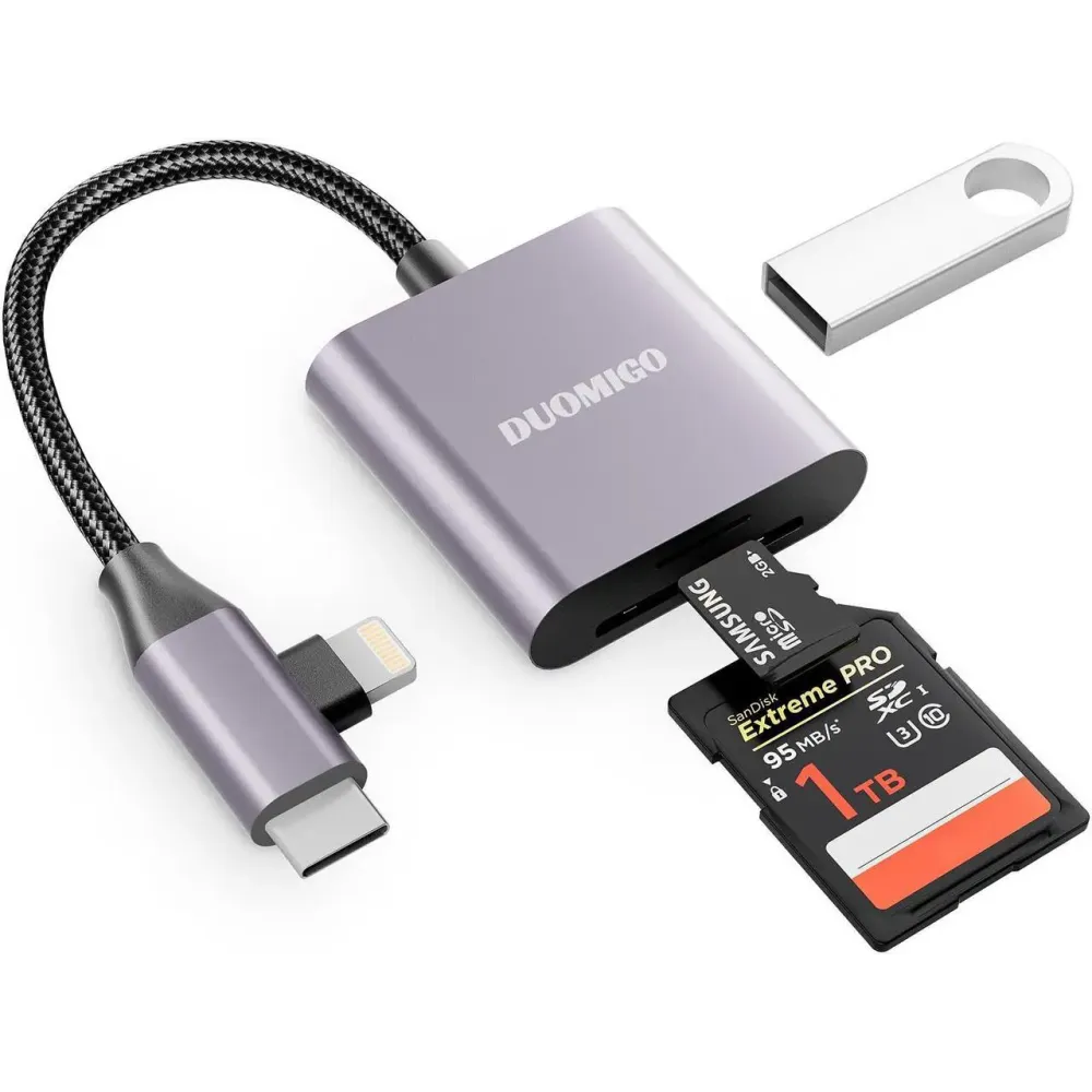 Duomigo 3-in-2 USB C SD TF Card Reader for iPhone/iPad/Mac/Laptop, Dual Connector Memory Card Adapter with USB OTG, Plug and Play